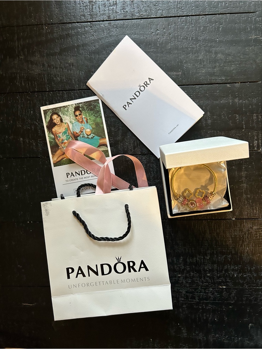 Pandora Gold Bracelet with Pink Charms - gift bag and box pink ribbon included